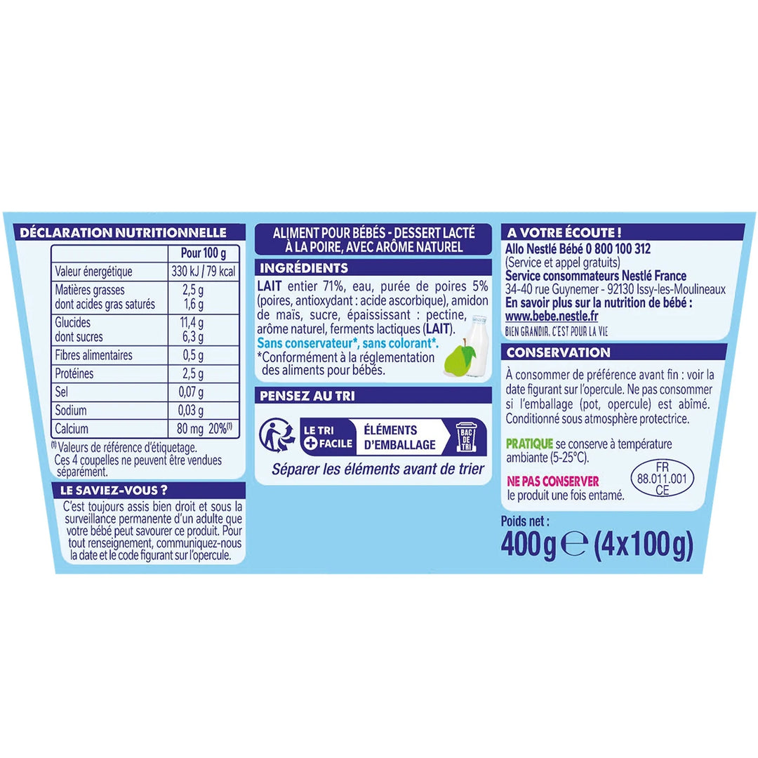 NESTLÉ - Yaourt Bébé P'tit Brassé Poire - dès 6 mois - 4 x 100g