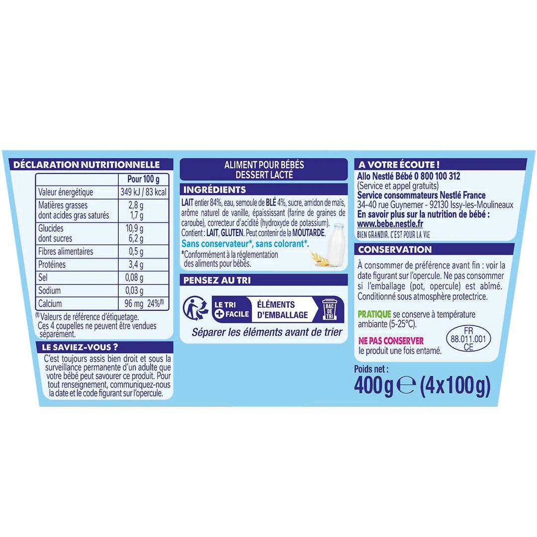 NESTLÉ - P’tit Gourmand Semoule au Lait  – Dessert Bébé dès 6 Mois – 4x100g