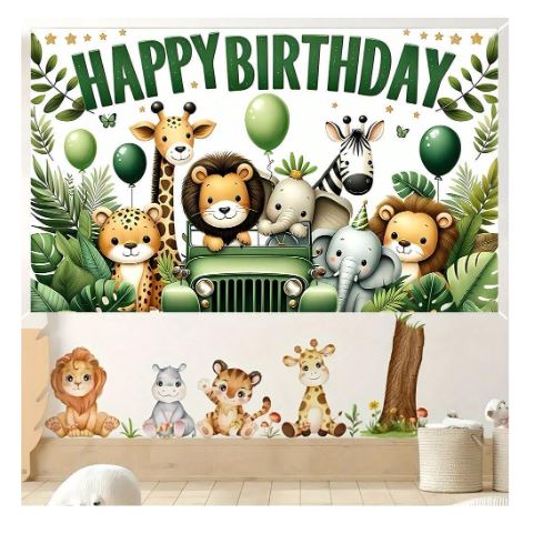 Décor de fond anniversaire – Thème aventure dans la jungle