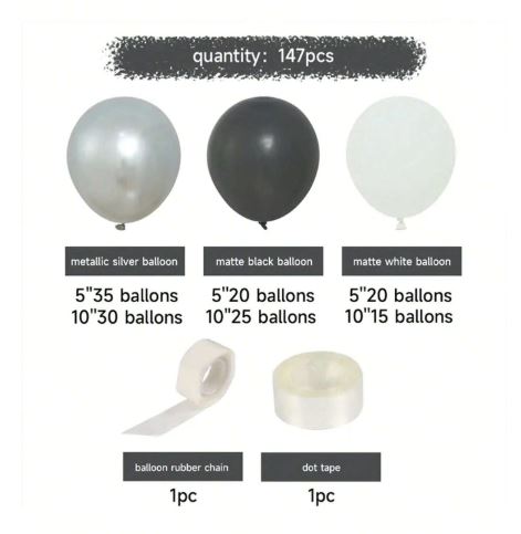 Kit guirlande ballons 147 pièces – Noir, argent et blanc pour fête & mariage