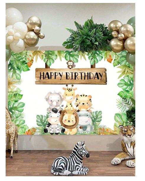 Décor de fond anniversaire – Thème animaux de la jungle
