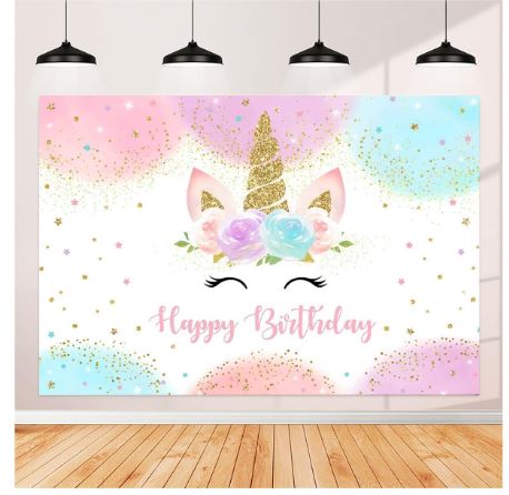 Toile de fond anniversaire – Thème floral et licorne - 210×150 cm / 150×100 cm