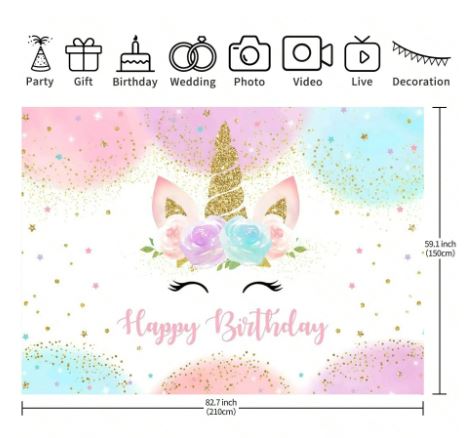 Toile de fond anniversaire – Thème floral et licorne - 210×150 cm / 150×100 cm