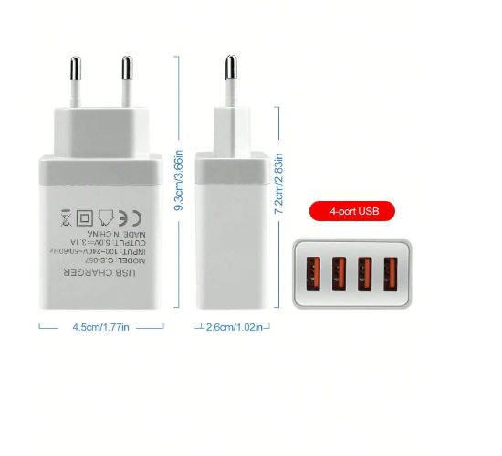 Tête de Chargeur Mural USB 4 Ports 3,1A – Prise EU C (220–240 V)
