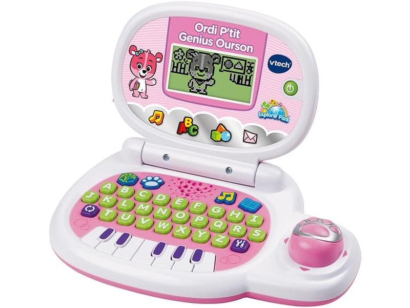 VTech - Ordi P'tit Genius Ourson Rose, Ordinateur Portable Enfant avec Écran Rétroéclairé