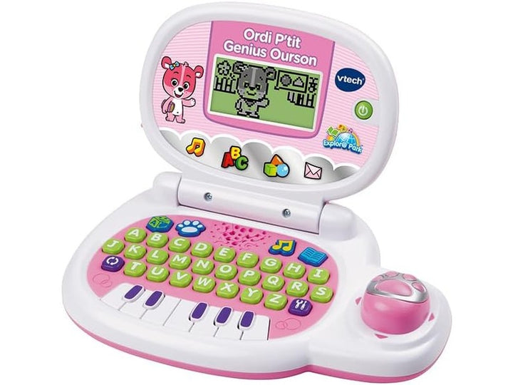 VTech - Ordi P'tit Genius Ourson Rose, Ordinateur Portable Enfant avec Écran Rétroéclairé