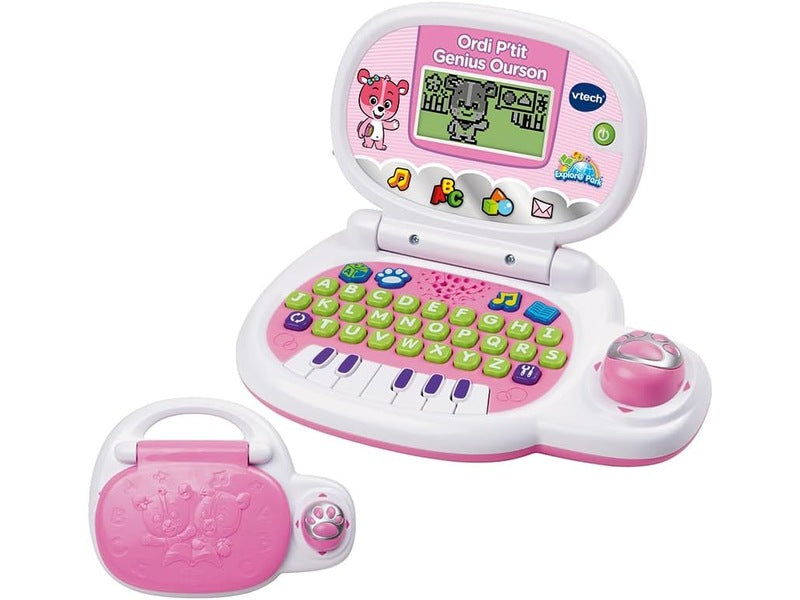 VTech - Ordi P'tit Genius Ourson Rose, Ordinateur Portable Enfant avec Écran Rétroéclairé