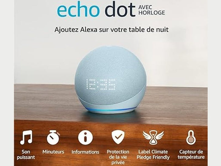 Amazon Echo Dot avec horloge - Enceinte bluetooth connectée avec assistant vocal intelligent, bleu clair