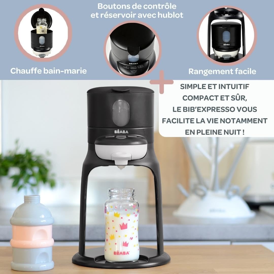BÉABA, Préparateur-Chauffe Biberon/Petits pots, Distributeur d'eau à Température Exacte, Instantané, Rapide, Fonction Bain Marie, 2 Températures, Chauffe biberon Amovible, Bib'Expresso, Black