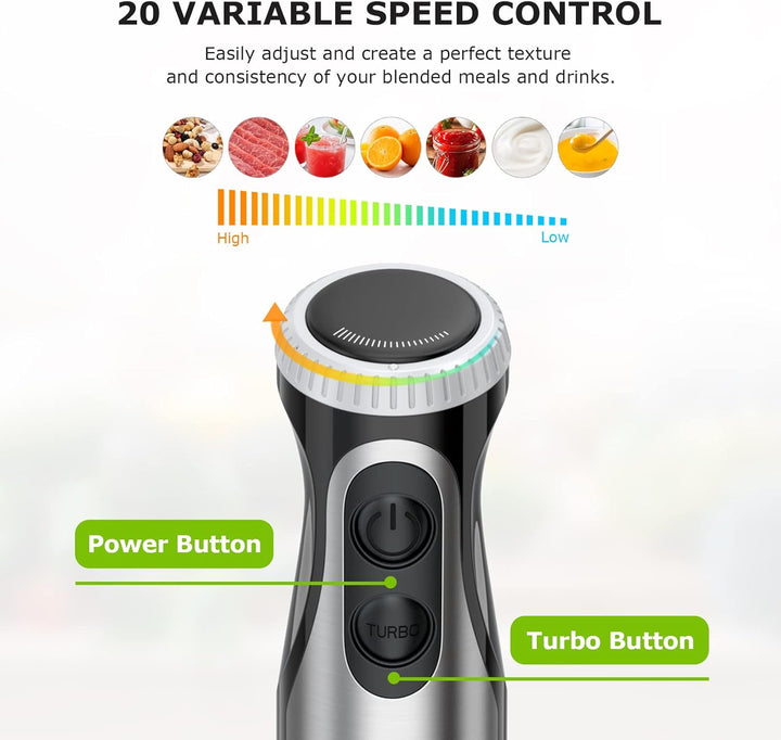 BONSENKITCHEN - Mixeur plongeant 2 en 1 avec fouet – 20 vitesses + turbo, modèle HB3204