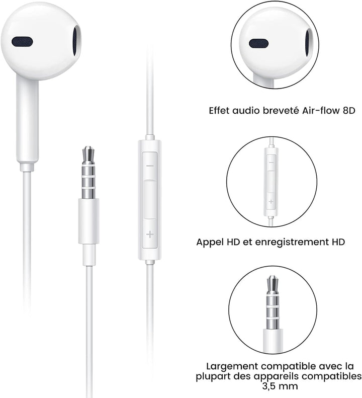 K&J - Ecouteurs Filaires avec Microphone et Contrôle du Volume - Cable Jack 3,5 mm (Blanc)