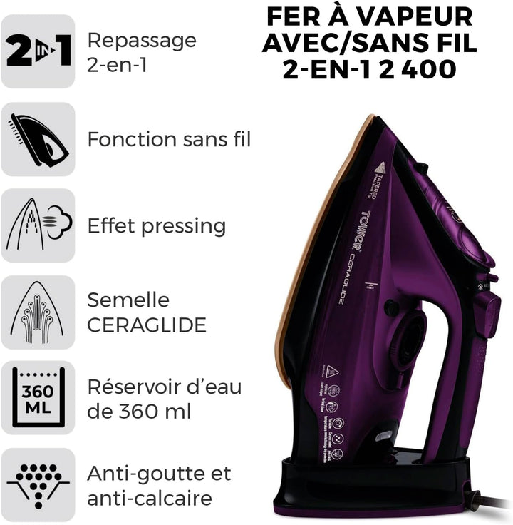 Tower - Fer à Repasser Vapeur sans Fil - Semelle Céramique - Violet