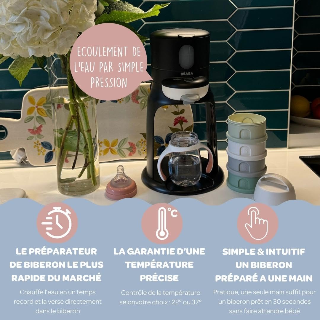 BÉABA, Préparateur-Chauffe Biberon/Petits pots, Distributeur d'eau à Température Exacte, Instantané, Rapide, Fonction Bain Marie, 2 Températures, Chauffe biberon Amovible, Bib'Expresso, Black