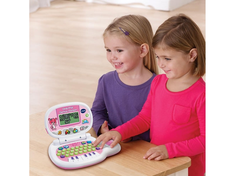 VTech - Ordi P'tit Genius Ourson Rose, Ordinateur Portable Enfant avec Écran Rétroéclairé