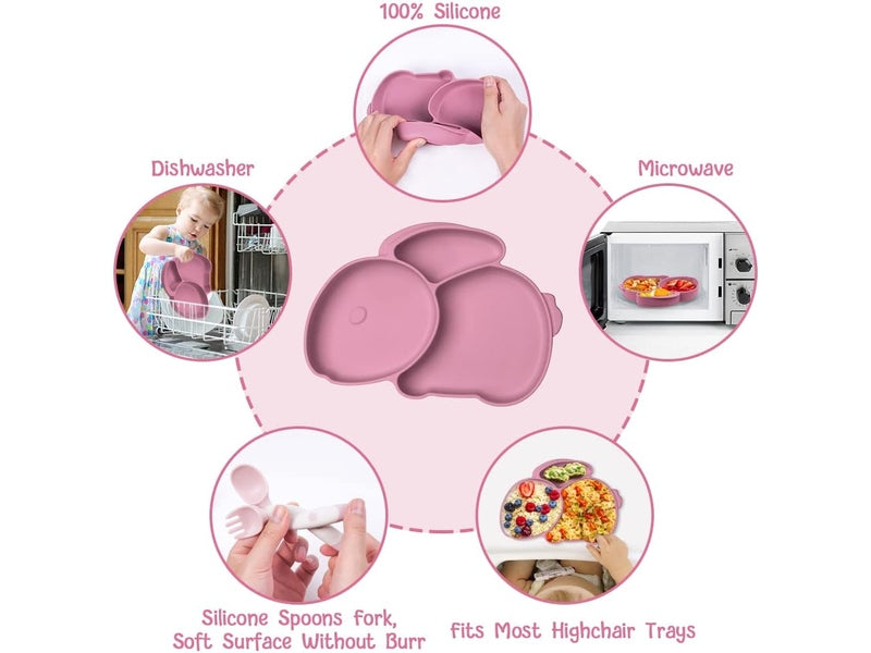 Assiette en Silicone pour Bébé avec Ventouse et Cuillères