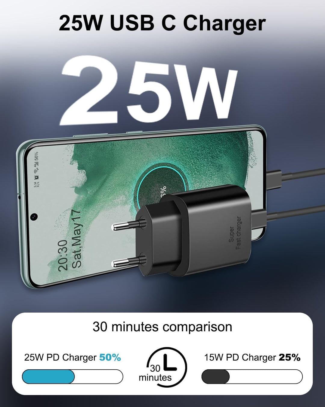 45W Chargeur Ultra Rapide avec Câble USB C 2M pour Samsung Galaxy