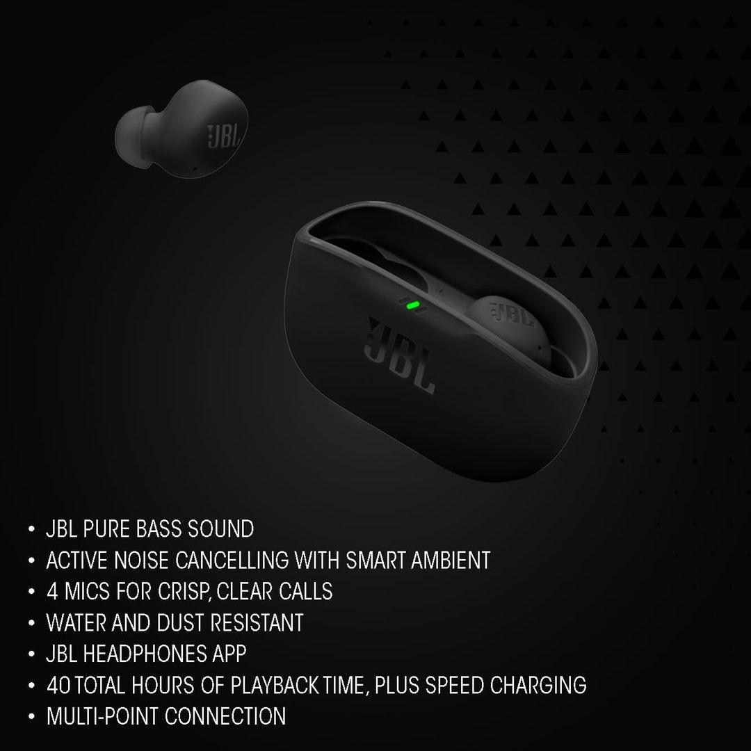 JBL Wave Buds 2, Écouteurs sans Fil Bluetooth, 40 h d'autonomie, Son Pure Bass, Technologie Smart Ambient, résistance à l'eau et à la poussière IP54, Connexion multipoint, Noir