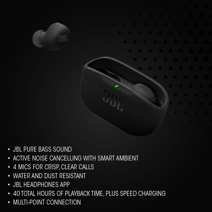 JBL Wave Buds 2, Écouteurs sans Fil Bluetooth, 40 h d'autonomie, Son Pure Bass, Technologie Smart Ambient, résistance à l'eau et à la poussière IP54, Connexion multipoint, Noir