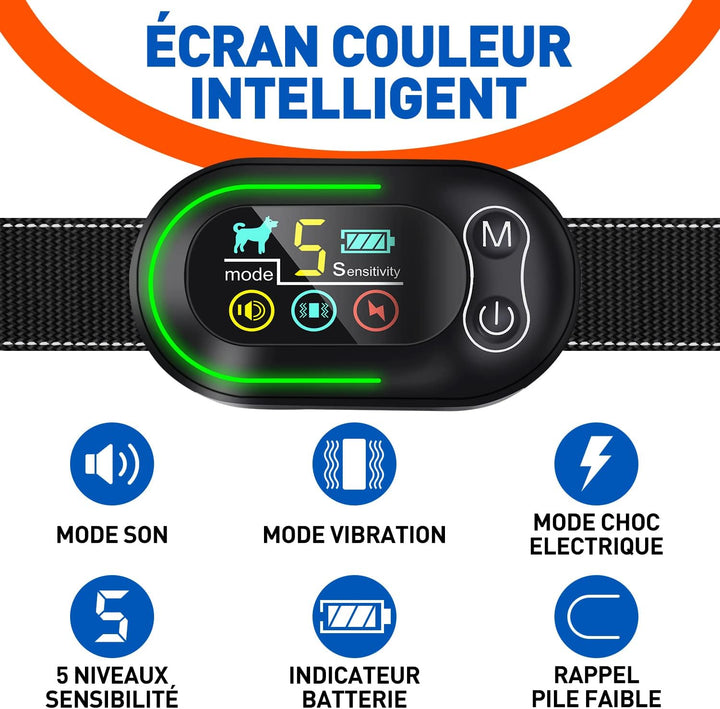 Collier Anti-Aboiement Chien – Rechargeable avec 4 Modes de Dressage