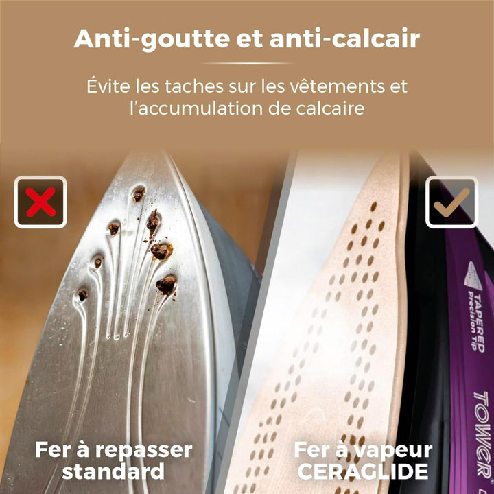 Tower - Fer à Repasser Vapeur sans Fil - Semelle Céramique - Violet