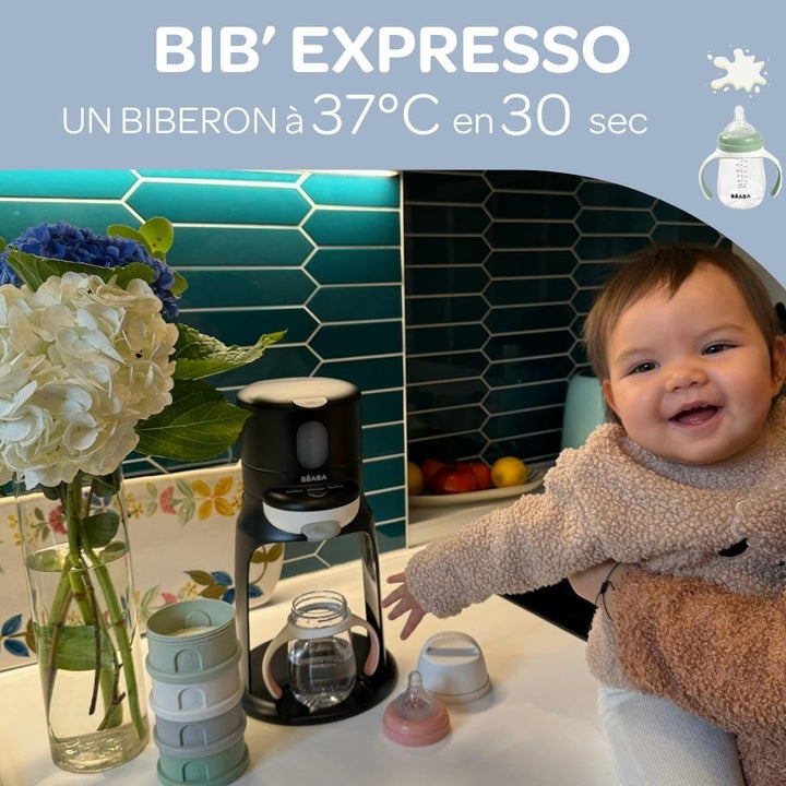 BÉABA, Préparateur-Chauffe Biberon/Petits pots, Distributeur d'eau à Température Exacte, Instantané, Rapide, Fonction Bain Marie, 2 Températures, Chauffe biberon Amovible, Bib'Expresso, Black