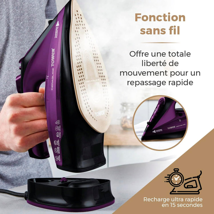 Tower - Fer à Repasser Vapeur sans Fil - Semelle Céramique - Violet