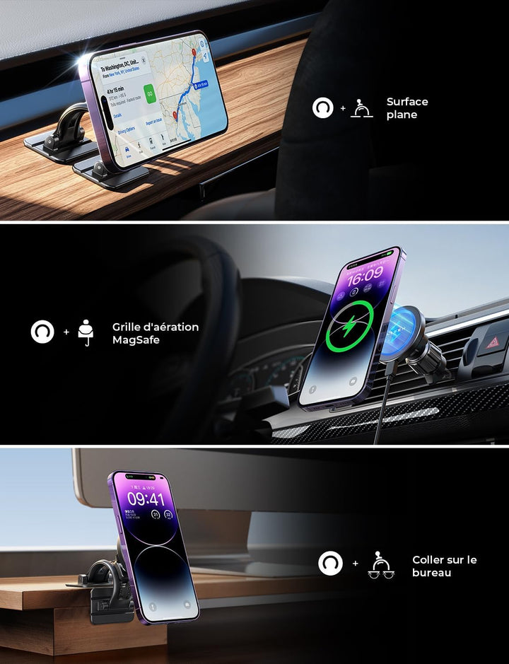 LISEN - Support Voiture Magsafe 15W – Chargeur Induction Aimanté iPhone 15/14/13 Pro Max & Samsung