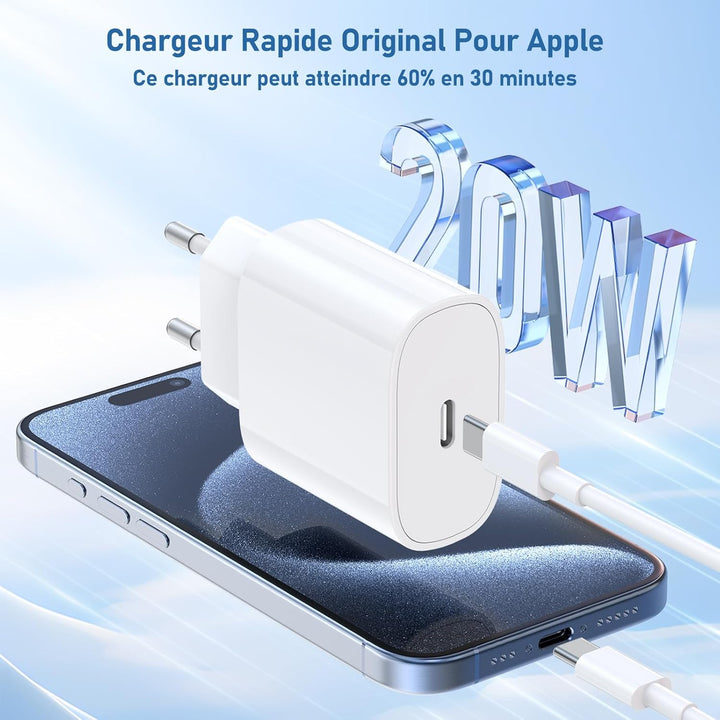 Chargeur pour iPhone 15 16, 20W apple original chargeur rapide avec 60W 1M+2M câbles