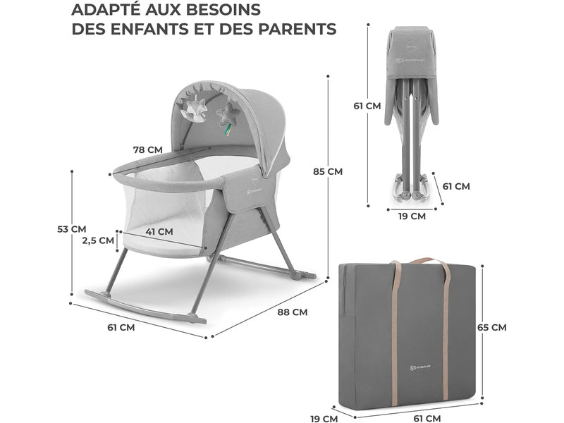 KINDERKRAFT LOVI- Lit Bébé Parapluie 3-en-1 – Avec Matelas & Sac-  Jusqu’à 9 kg