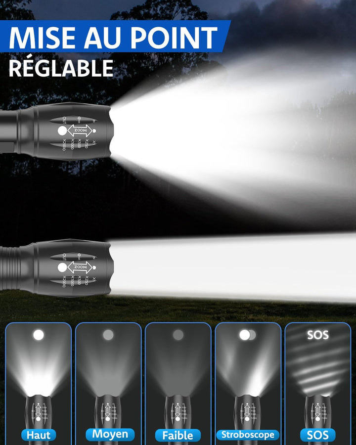 Maxesla Lampe Torche LED 2000 Lumens, 2024 Lampe Torche LED Super Lumineuse, Puissante Alimentée par Pile, Zoomable, Résistante à l'eau, IP65 Lampe de Poche Tactique, Camping en Plein Air, 3 Piles AAA