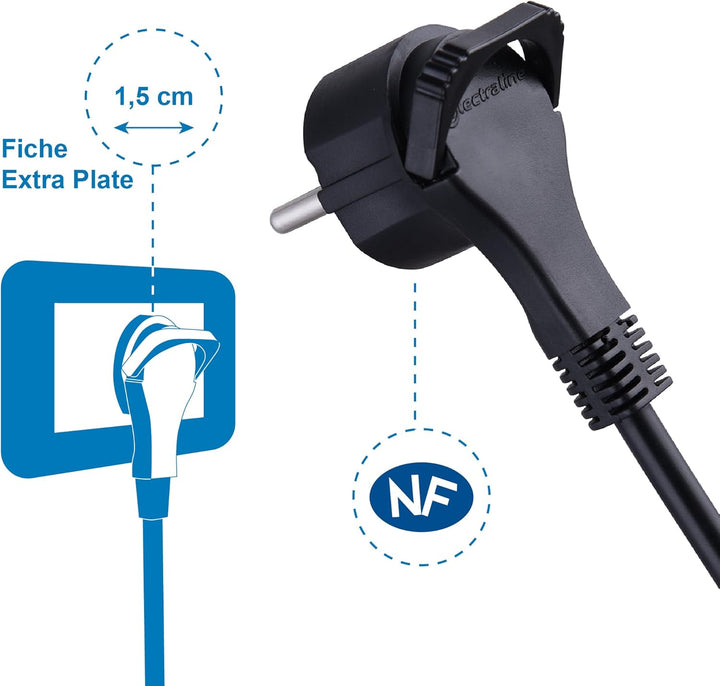 ELECTRALINE - Bloc 6 Prises avec Interrupteur – Fiche Plate 1,5 m – Noir