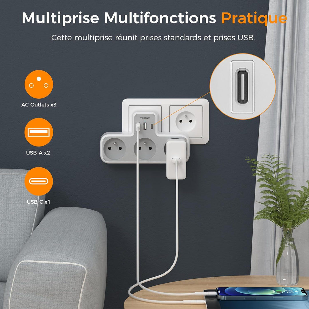 TESSAN - Multiprise Murale 6 en 1 – 3 Prises + 3 Ports USB - 4000W