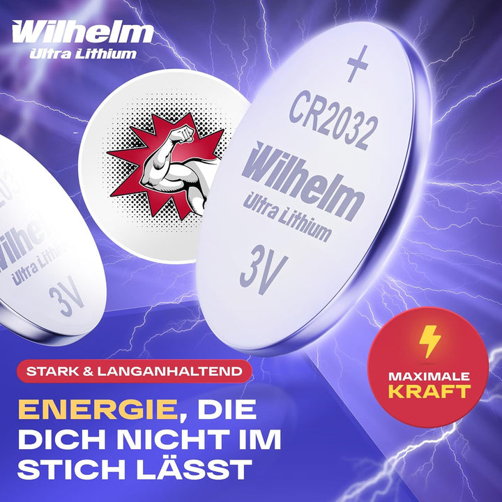 10 Piles Bouton Wilhelm Pile CR 2032 Batterie au Lithium Haute Performance CR2032 Vendu par : ginas-energy-store