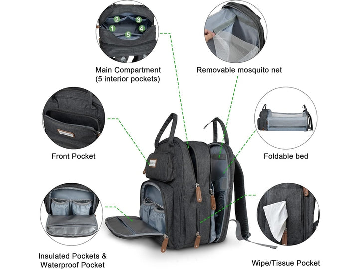 SNDMOR Sac à Langer Dos – 14 Poches + Matelas à Langer Intégré