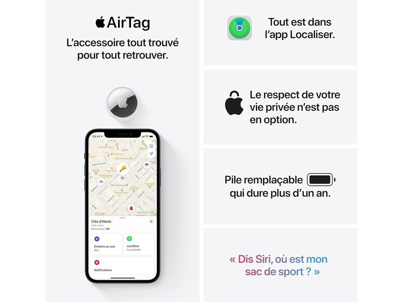 Apple - AirTag pour le suivi d'objets avec pile CR2032
