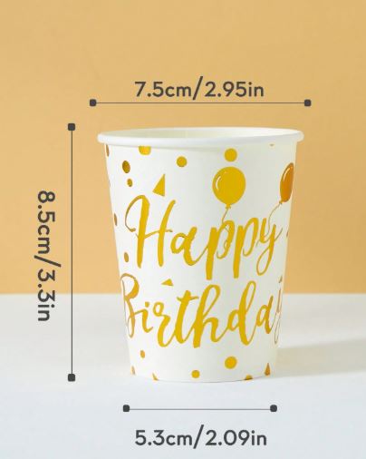 Gobelets en papier jetables – Blanc avec ballons dorés (25 pièces)