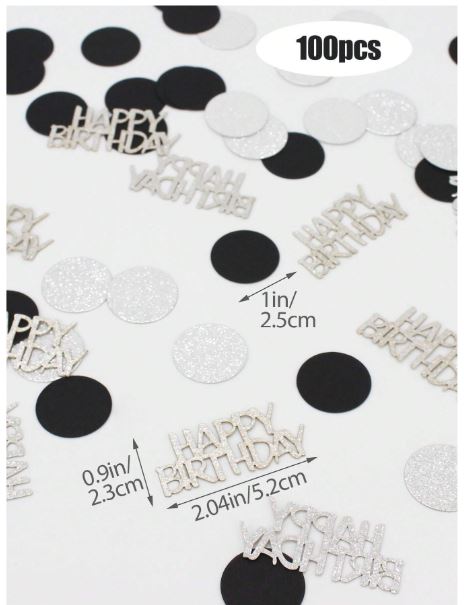 Confettis ronds noirs et argentés – 100 pièces - Joyeux Anniversaire