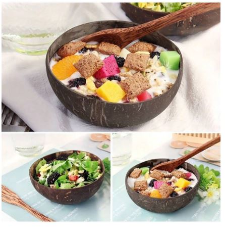 Bol en Coquille de Noix de Coco Naturel – Lot de 4 Bols & 4 Cuillères Écologiques