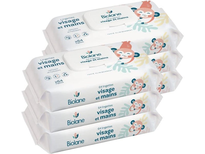 Lingettes Biolane pour bébé, visage et mains – Lot de 6 x 64, disponibles à Dakar en 60 min sur Dialy.