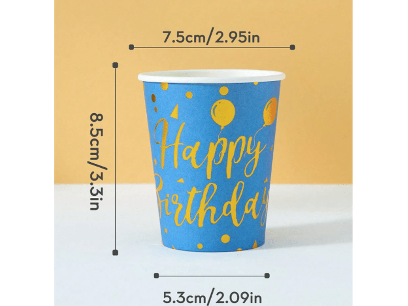 Gobelets en papier jetables – Fond bleu et ballons dorés (25 pièces)