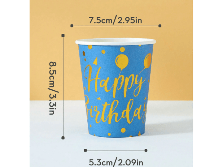 Gobelets en papier jetables – Fond bleu et ballons dorés (25 pièces)