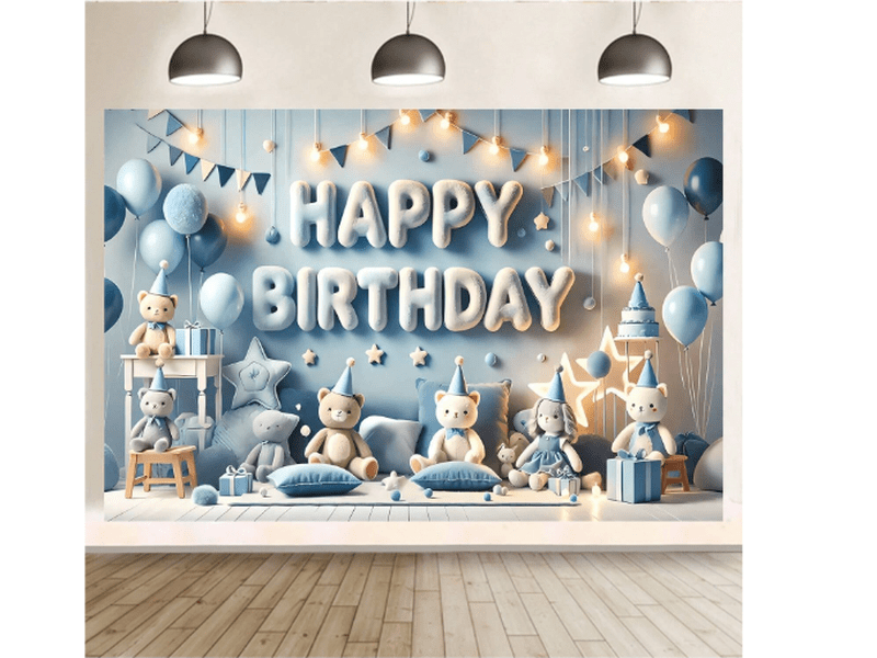 Bannière de fond d'anniversaire avec joyeux ours en peluche, thème bleu, en polyester,210X150cm