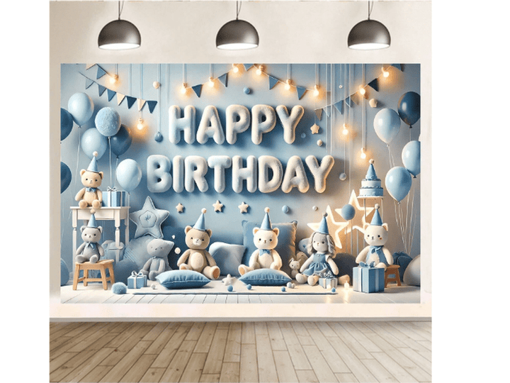Bannière de fond d'anniversaire avec joyeux ours en peluche, thème bleu, en polyester,210X150cm