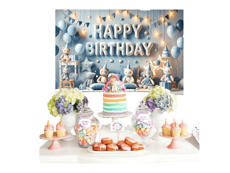 Bannière de fond d'anniversaire avec joyeux ours en peluche, thème bleu, en polyester,210X150cm