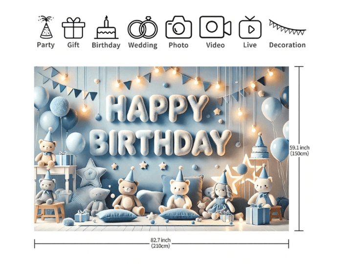 Bannière de fond d'anniversaire avec joyeux ours en peluche, thème bleu, en polyester,210X150cm
