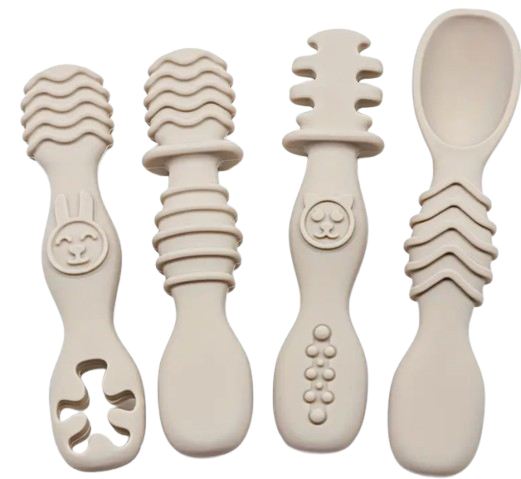 Ensemble de cuillère et fourchette en silicone alimentaire,4 pièces beige