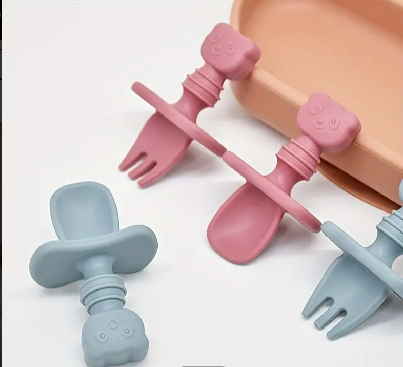 Lot de 2 Cuillères et Fourchettes Bébé en Silicone Alimentaire