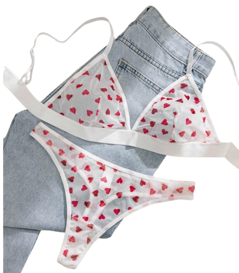 Ensemble de lingerie comprenant un soutien-gorge sans fil et un string en maille avec imprimé cœur, L