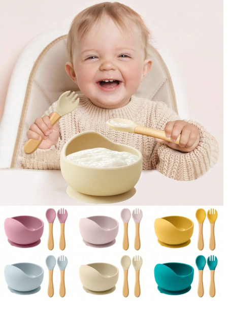 Set repas silicone bébé 3 pièces – Bol, cuillère, fourchette