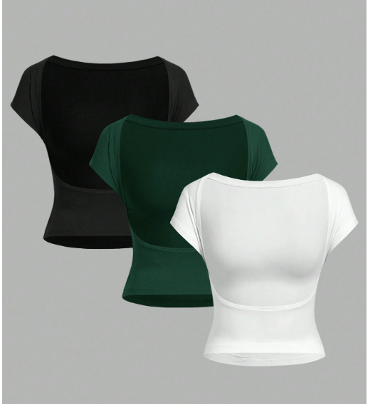 Lot de 3 T-Shirts Courts Femme – Dos Nu, Style Décontracté, Taille S